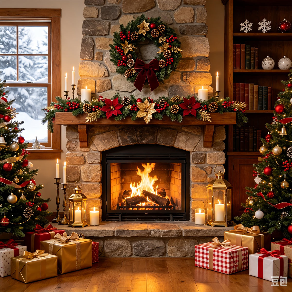 Cozy Christmas Backdrop Stone Fireplace Garland Glow Christmas Indoor Backdrop ZTT69-4