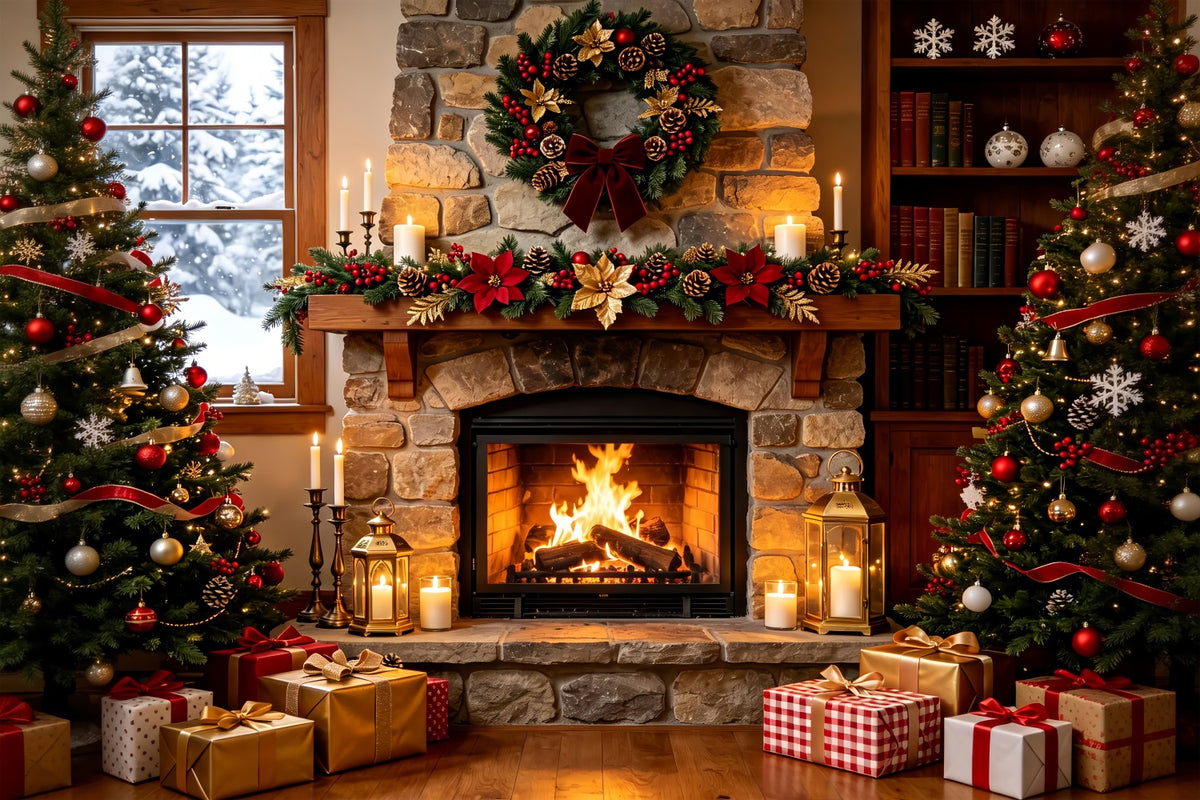Cozy Christmas Backdrop Stone Fireplace Garland Glow Christmas Indoor Backdrop ZTT69-4