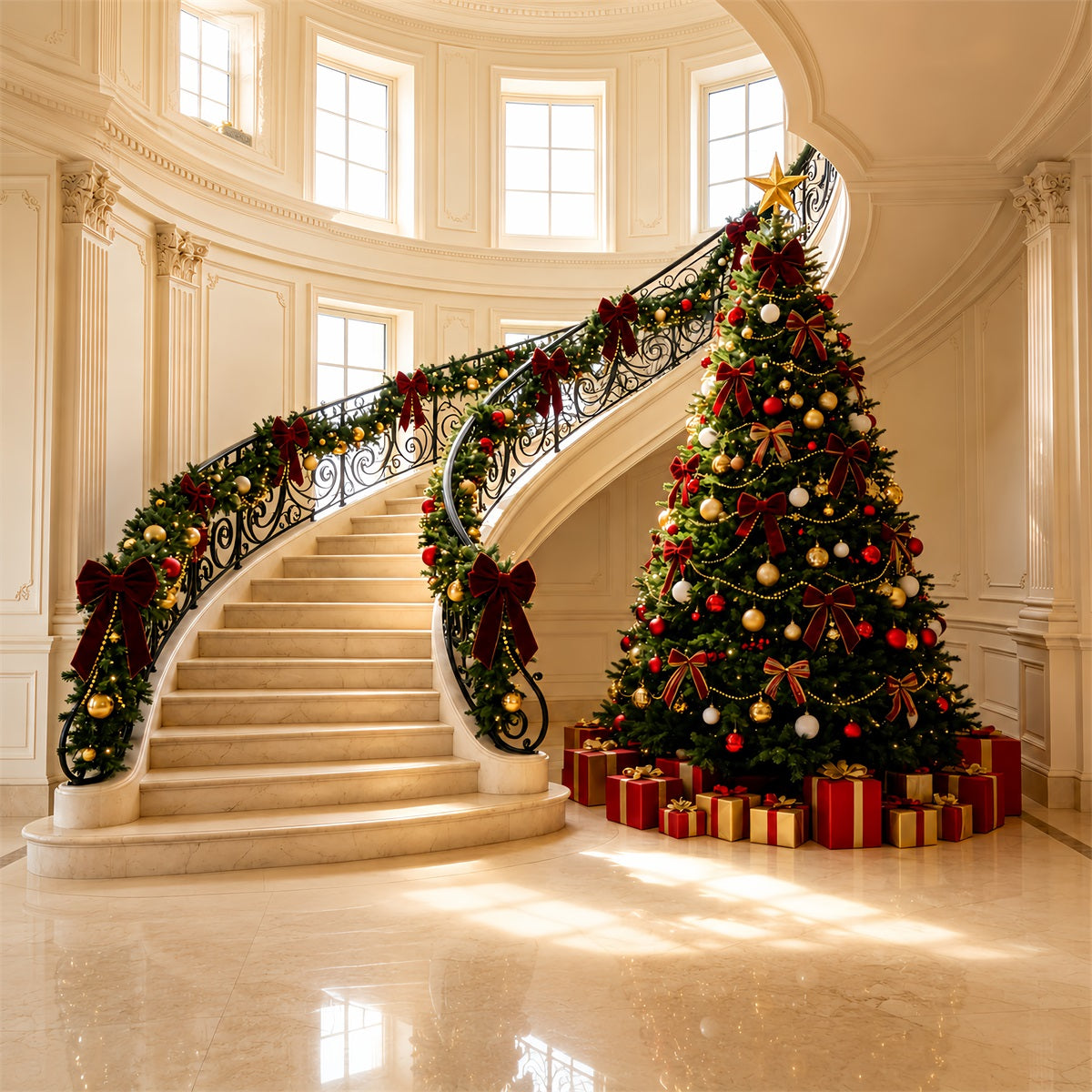 Victorian Christmas Backdrops Elegant Staircase Garland Decor Indoor Christmas Backdrops ZTT69-5