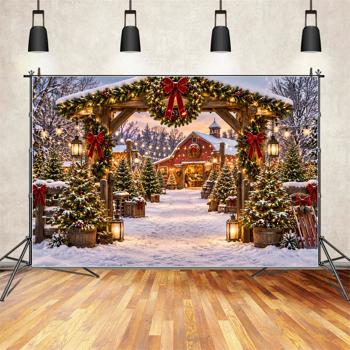 Christmas Tree Farm Backdrop Rustic Barn Garland Entrance Christmas Tree Backdrop ZTT69-51