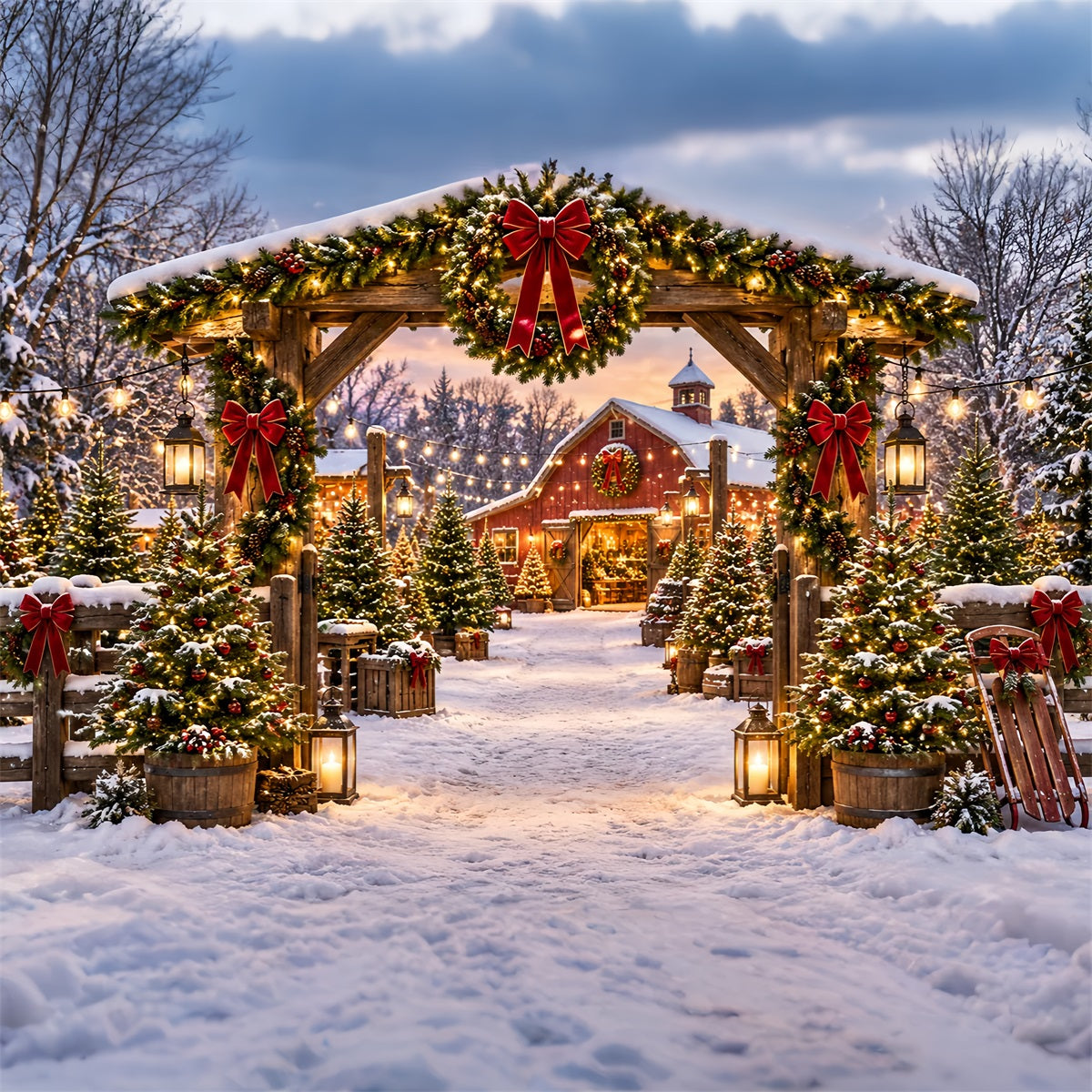 Christmas Tree Farm Backdrop Rustic Barn Garland Entrance Christmas Tree Backdrop ZTT69-51