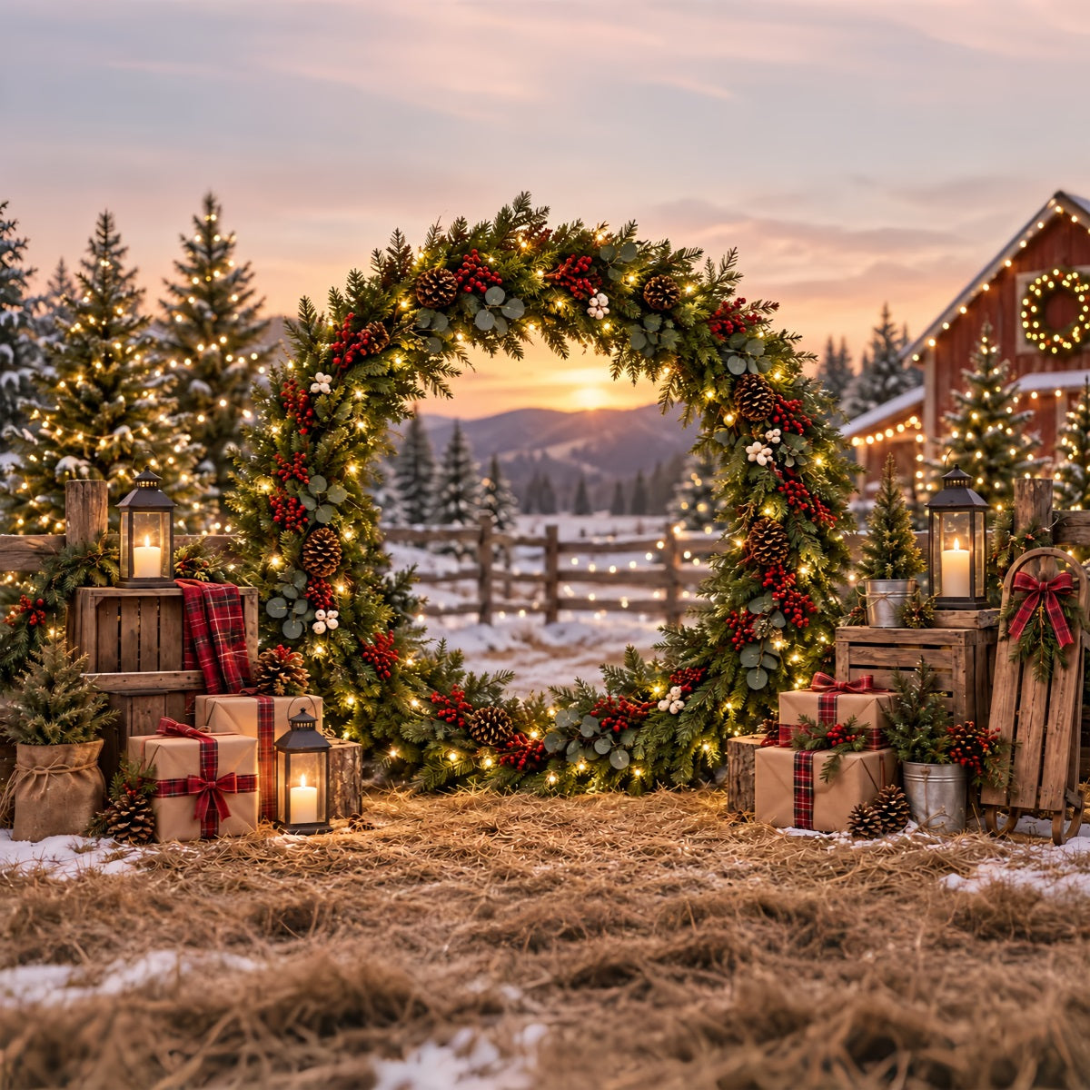 Christmas Tree Farm Photo Backdrop Evergreen Wreath Farm Gateway Christmas Tree Backdrop ZTT69-52
