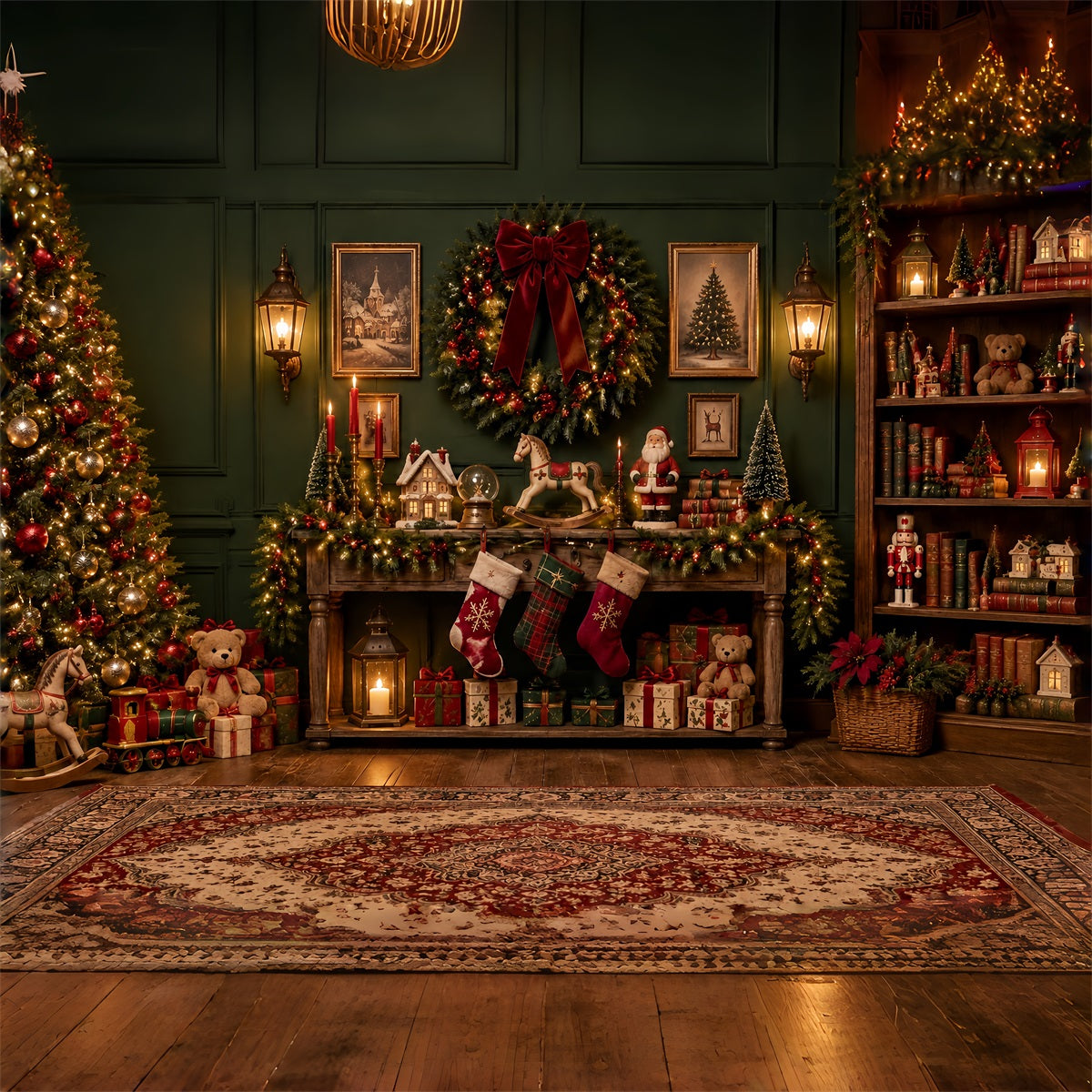 Santa's Workshop Backdrop Vintage Toy Wreath Parlor Santa Backdrop ZTT69-53