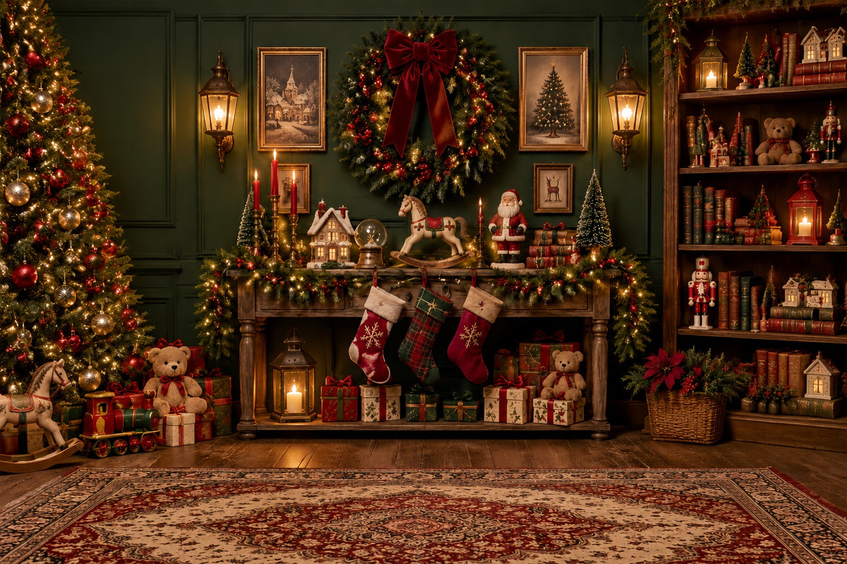 Santa's Workshop Backdrop Vintage Toy Wreath Parlor Santa Backdrop ZTT69-53