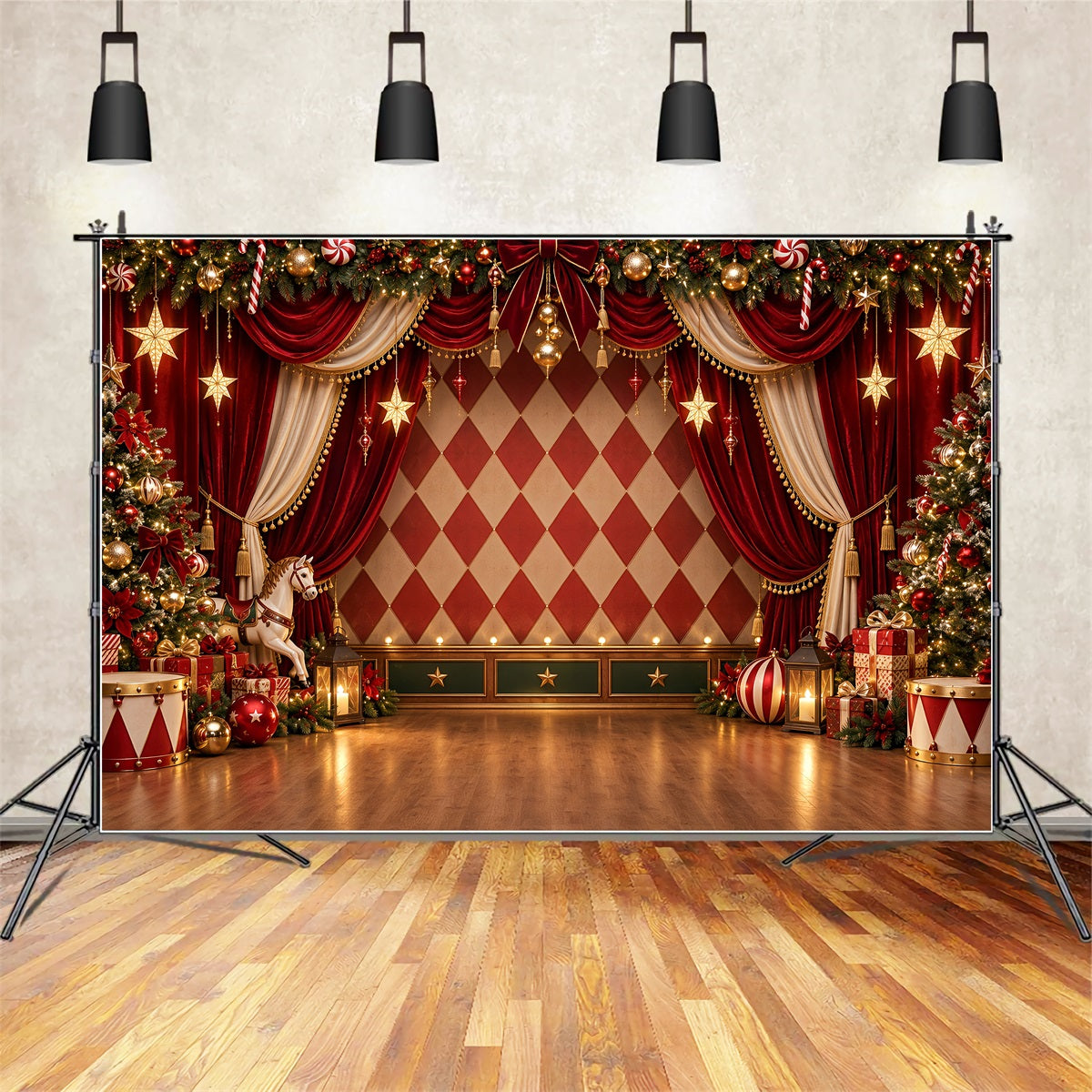Christmas Backdrops For Photos Velvet Curtain Carousel Stage Christmas Photo Backdrops ZTT69-54