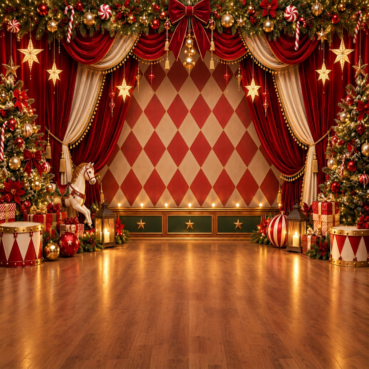 Christmas Backdrops For Photos Velvet Curtain Carousel Stage Christmas Photo Backdrops ZTT69-54