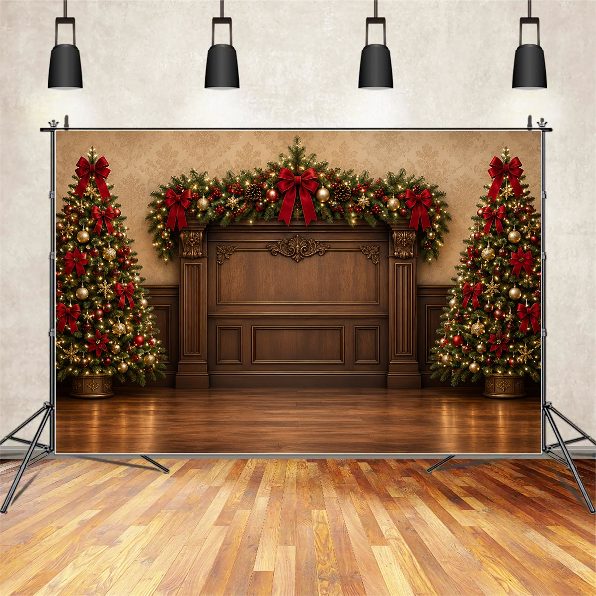 Christmas Backdrops For Photography Red Bow Evergreen Mantel High Resolution Christmas Backdrop ZTT69-55