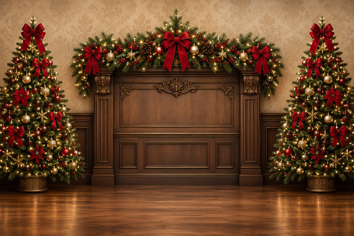 Christmas Backdrops For Photography Red Bow Evergreen Mantel High Resolution Christmas Backdrop ZTT69-55