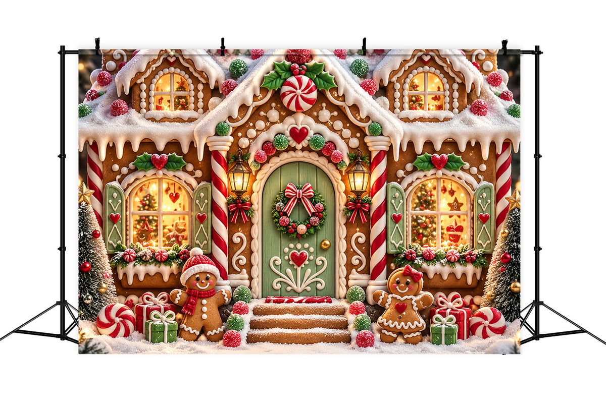 Gingerbread House Backdrop Snowy Cartoon Candy Cottage Gingerbread Backdrop ZTT69-56