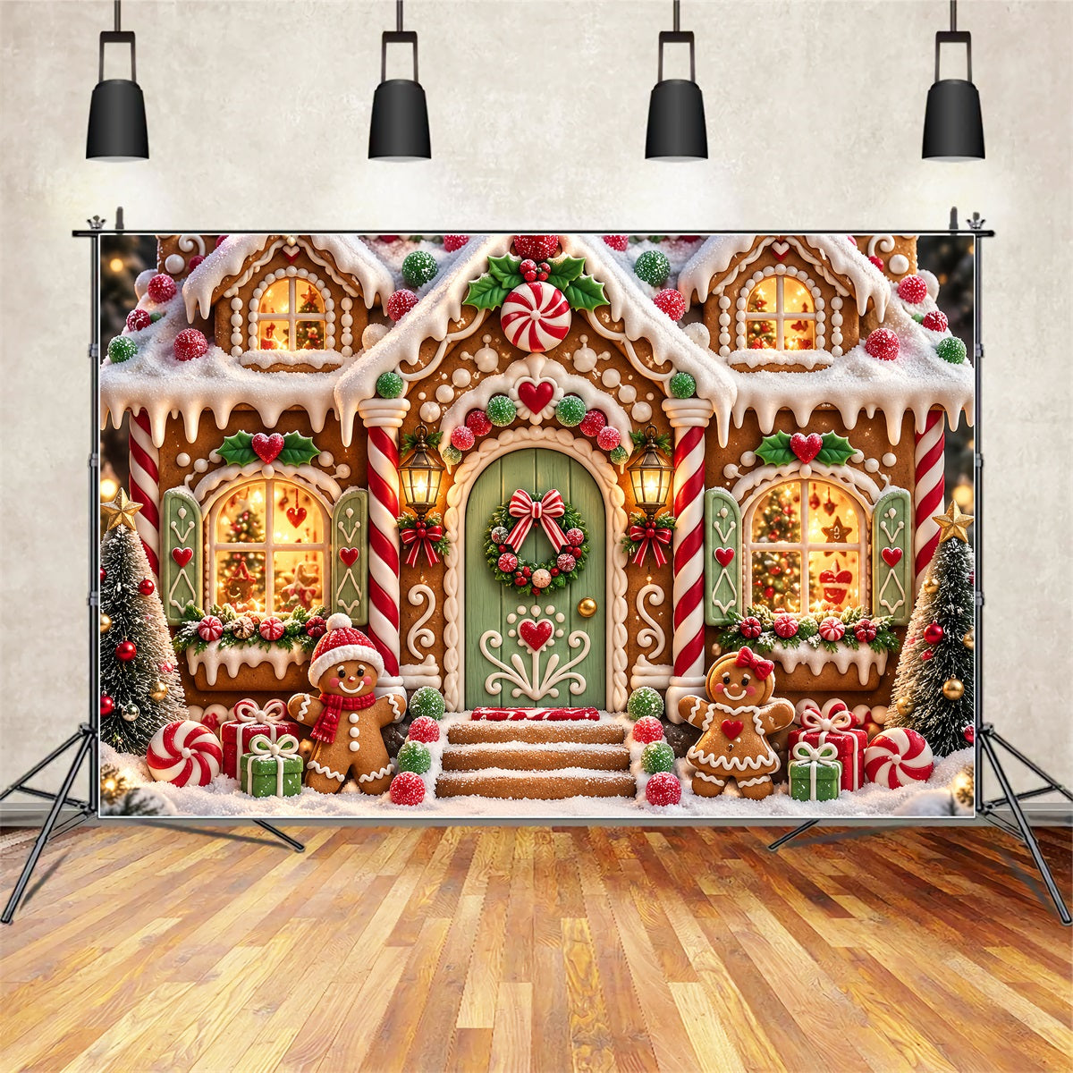 Gingerbread House Backdrop Snowy Cartoon Candy Cottage Gingerbread Backdrop ZTT69-56
