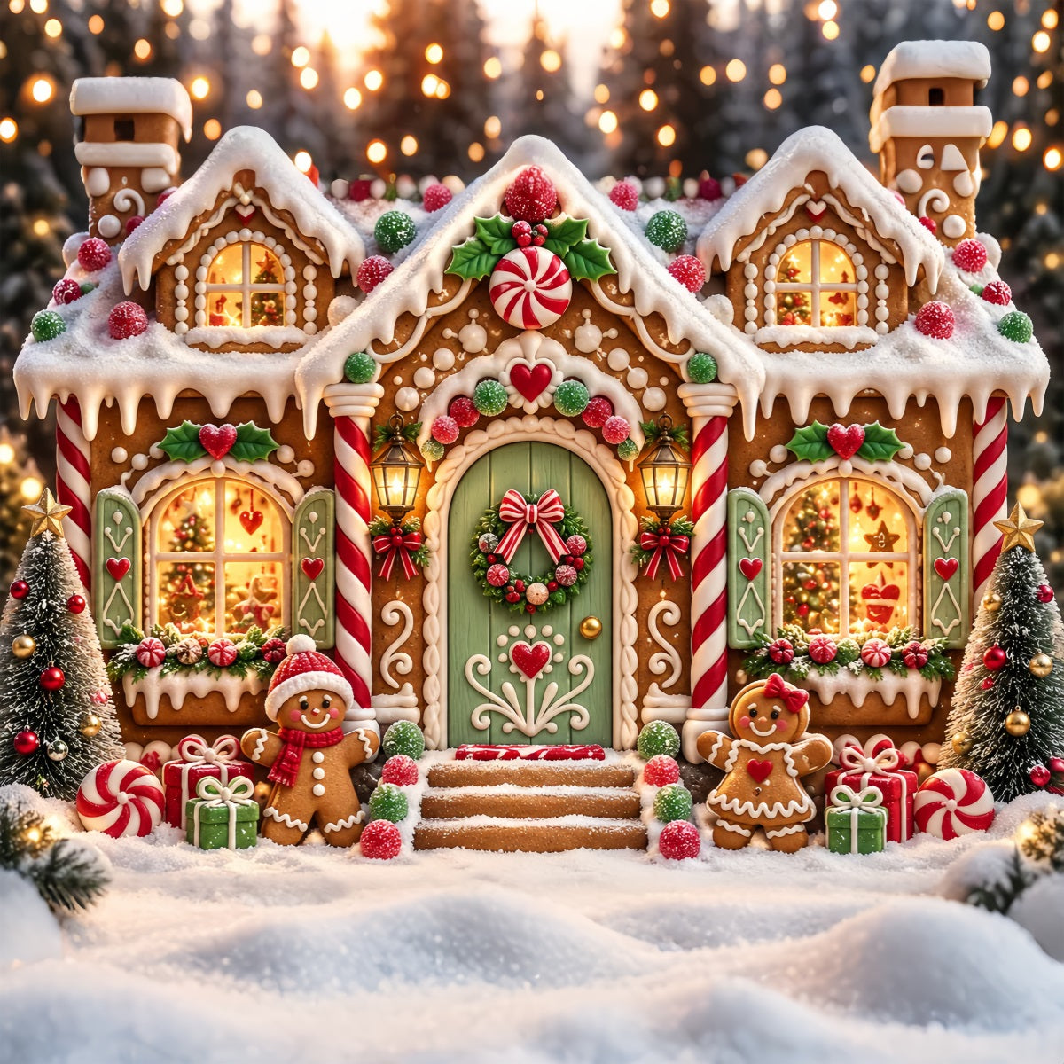 Gingerbread House Backdrop Snowy Cartoon Candy Cottage Gingerbread Backdrop ZTT69-56