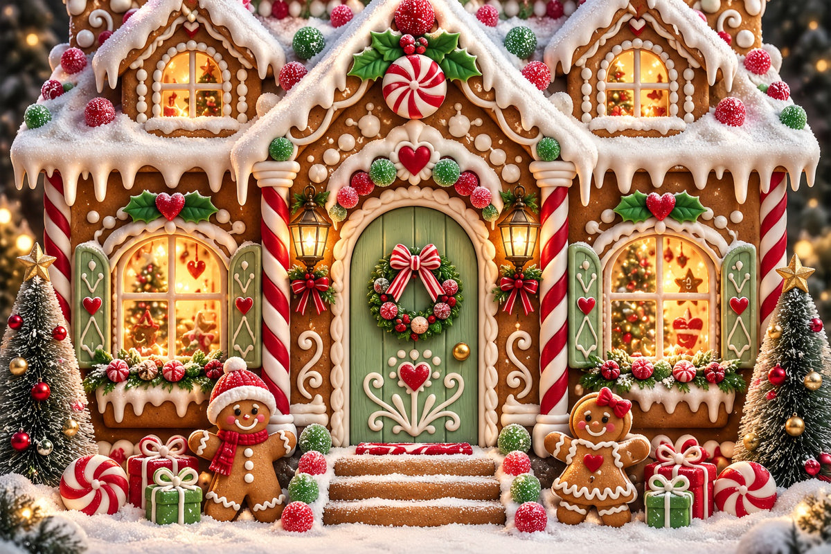 Gingerbread House Backdrop Snowy Cartoon Candy Cottage Gingerbread Backdrop ZTT69-56