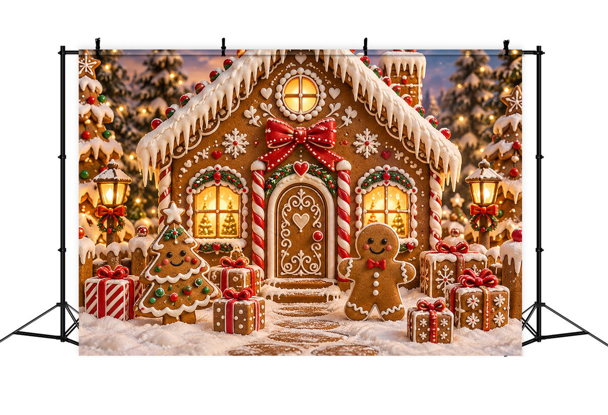 Gingerbread House Backdrop Candy Cottage Snowy Trees Candy Cane Backdrop ZTT69-57