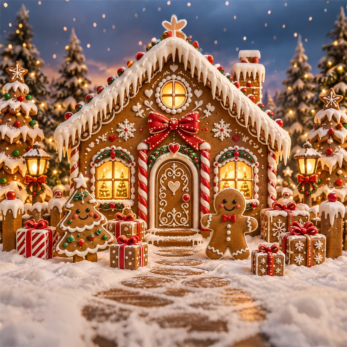 Gingerbread House Backdrop Candy Cottage Snowy Trees Candy Cane Backdrop ZTT69-57