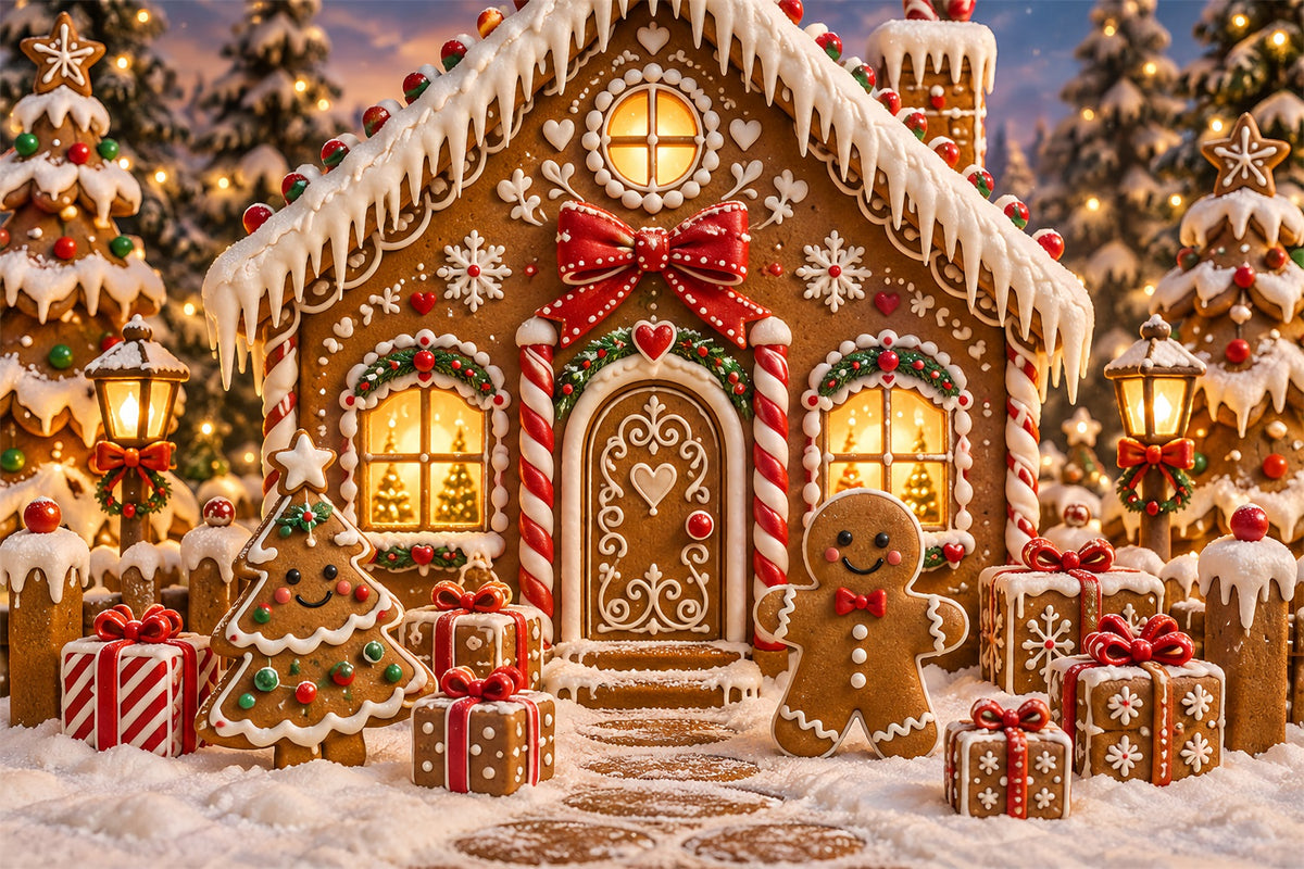 Gingerbread House Backdrop Candy Cottage Snowy Trees Candy Cane Backdrop ZTT69-57