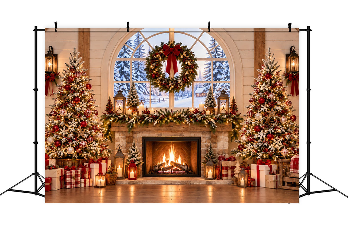 Christmas Backdrops 10x10 Rustic Fireplace Wreath Interior Santa Workshop Backdrop ZTT69-60