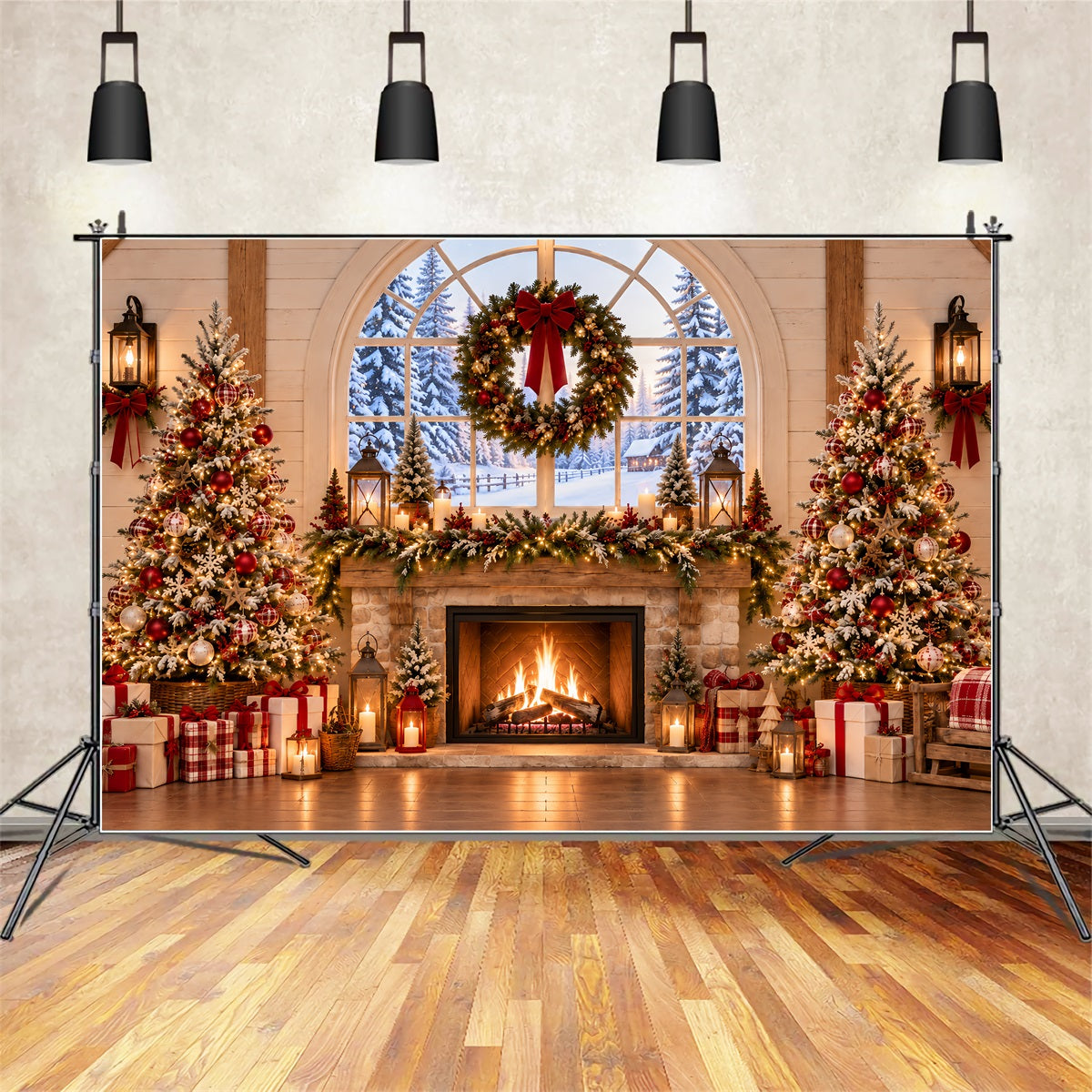 Christmas Backdrops 10x10 Rustic Fireplace Wreath Interior Santa Workshop Backdrop ZTT69-60