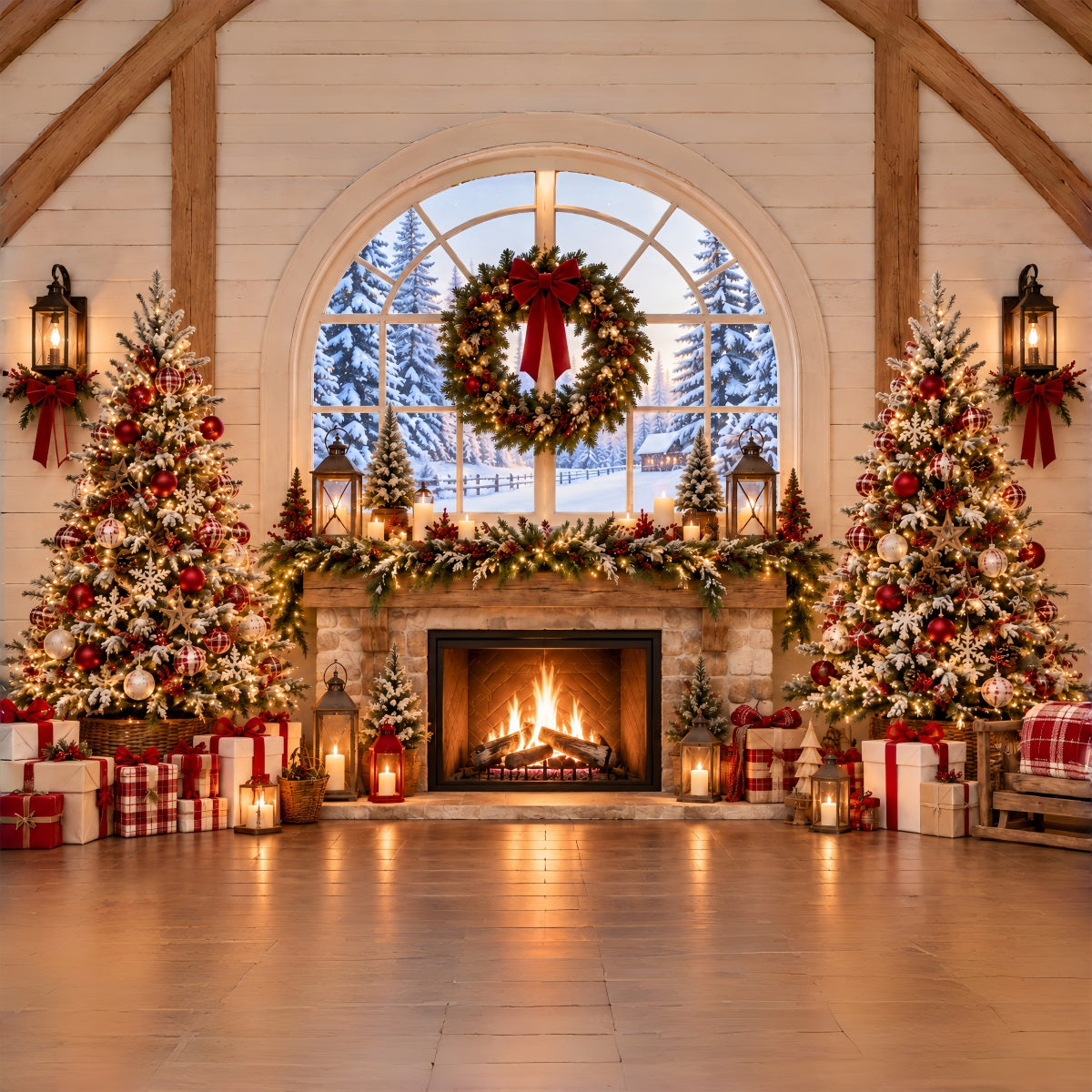 Christmas Backdrops 10x10 Rustic Fireplace Wreath Interior Santa Workshop Backdrop ZTT69-60