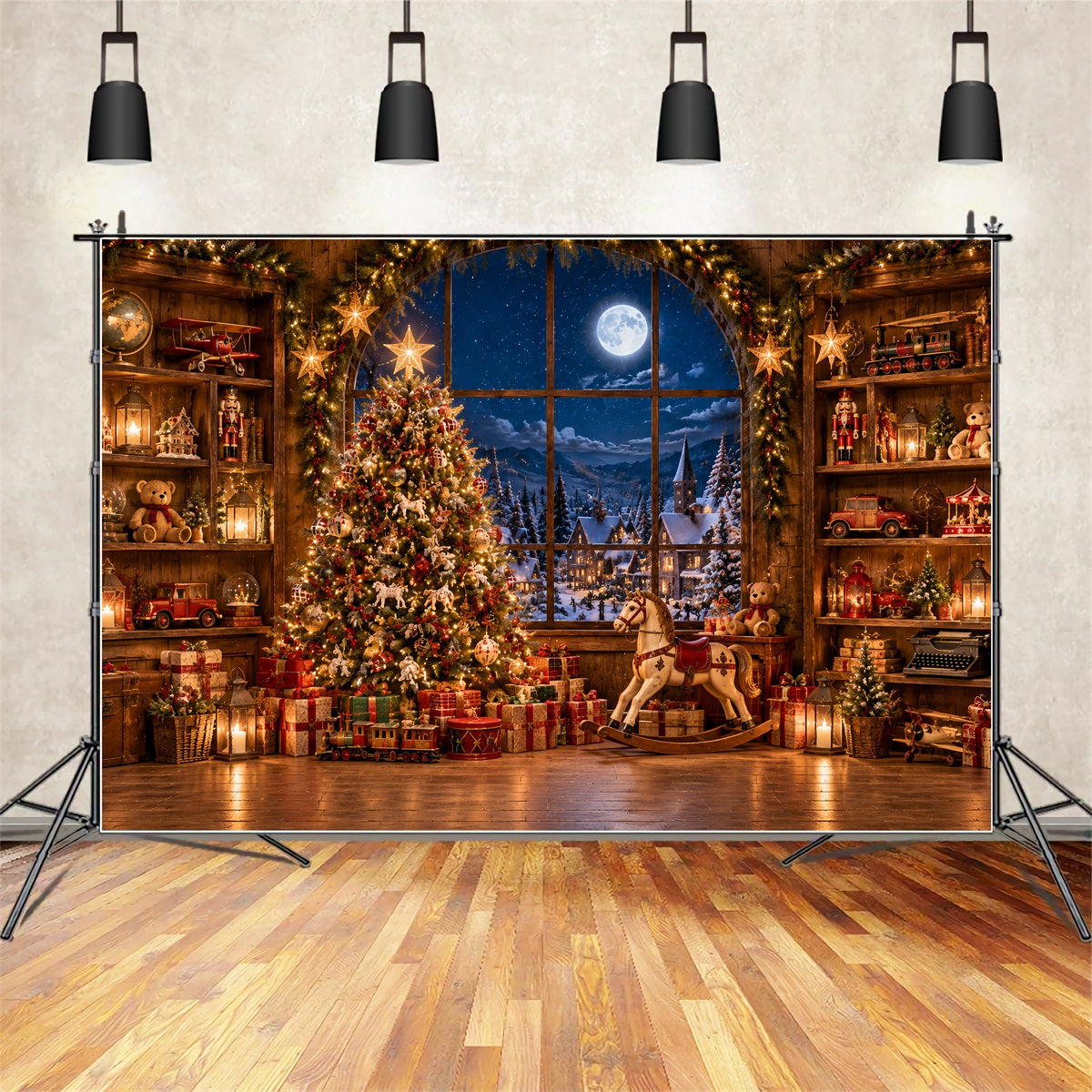 Santas Workshop Backdrop Moonlit Toy Workshop Interior North Pole Backdrop ZTT69-61
