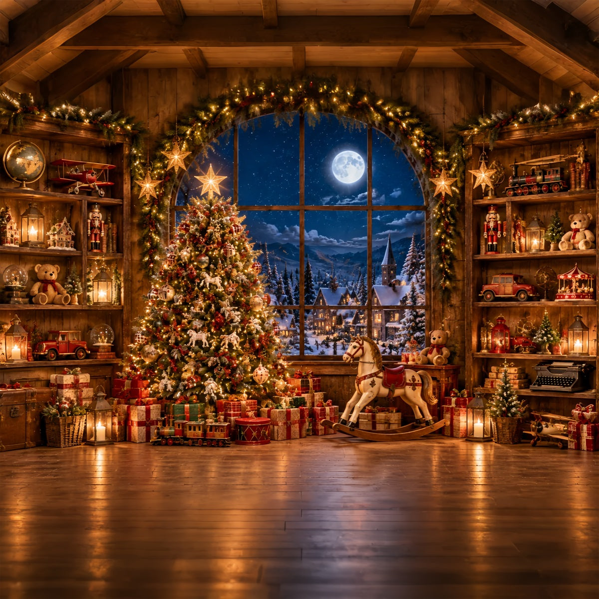 Santas Workshop Backdrop Moonlit Toy Workshop Interior North Pole Backdrop ZTT69-61
