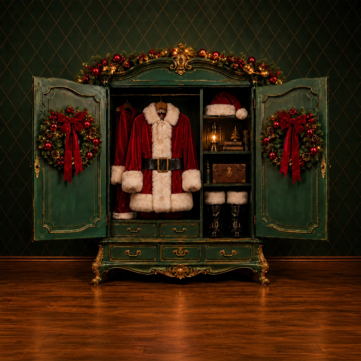 Santa Photo Backdrop Santa Suit Wardrobe Display North Pole Backdrop ZTT69-62