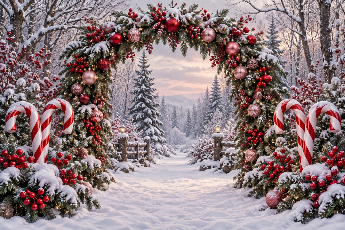Backdrop Christmas Snowy Forest Candy Cane Arch Xmas Backdrop ZTT69-63