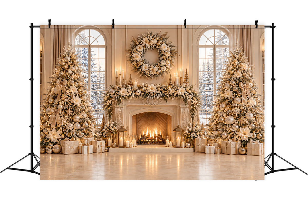 Christmas Picture Backdrop Ivory Floral Fireplace Display Elegant Christmas Backdrop ZTT69-68