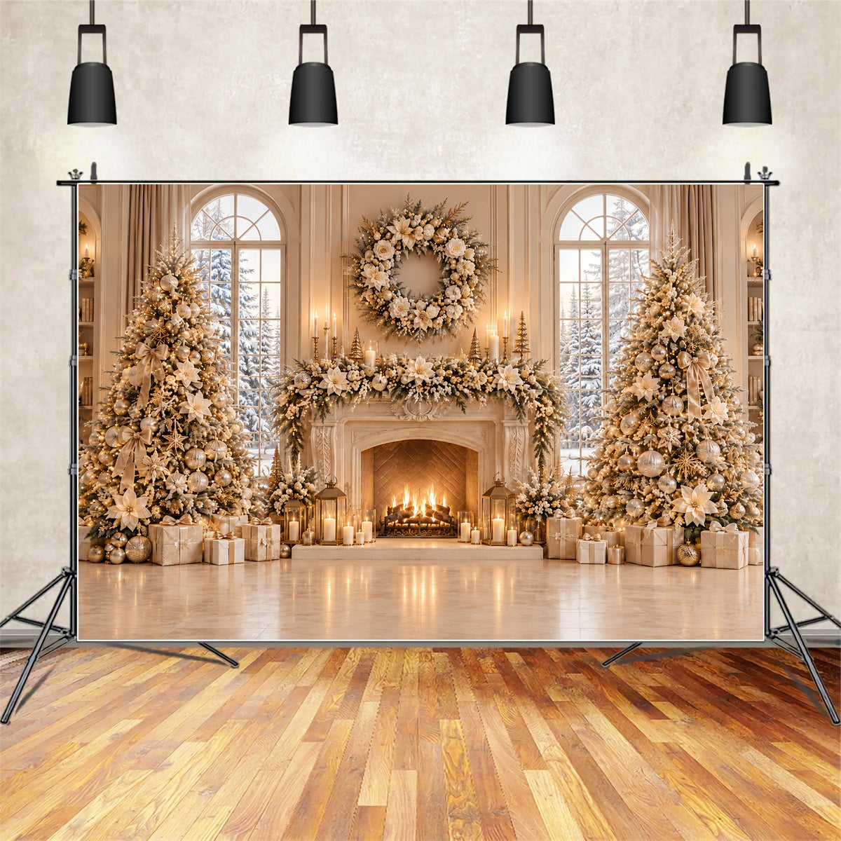 Christmas Picture Backdrop Ivory Floral Fireplace Display Elegant Christmas Backdrop ZTT69-68