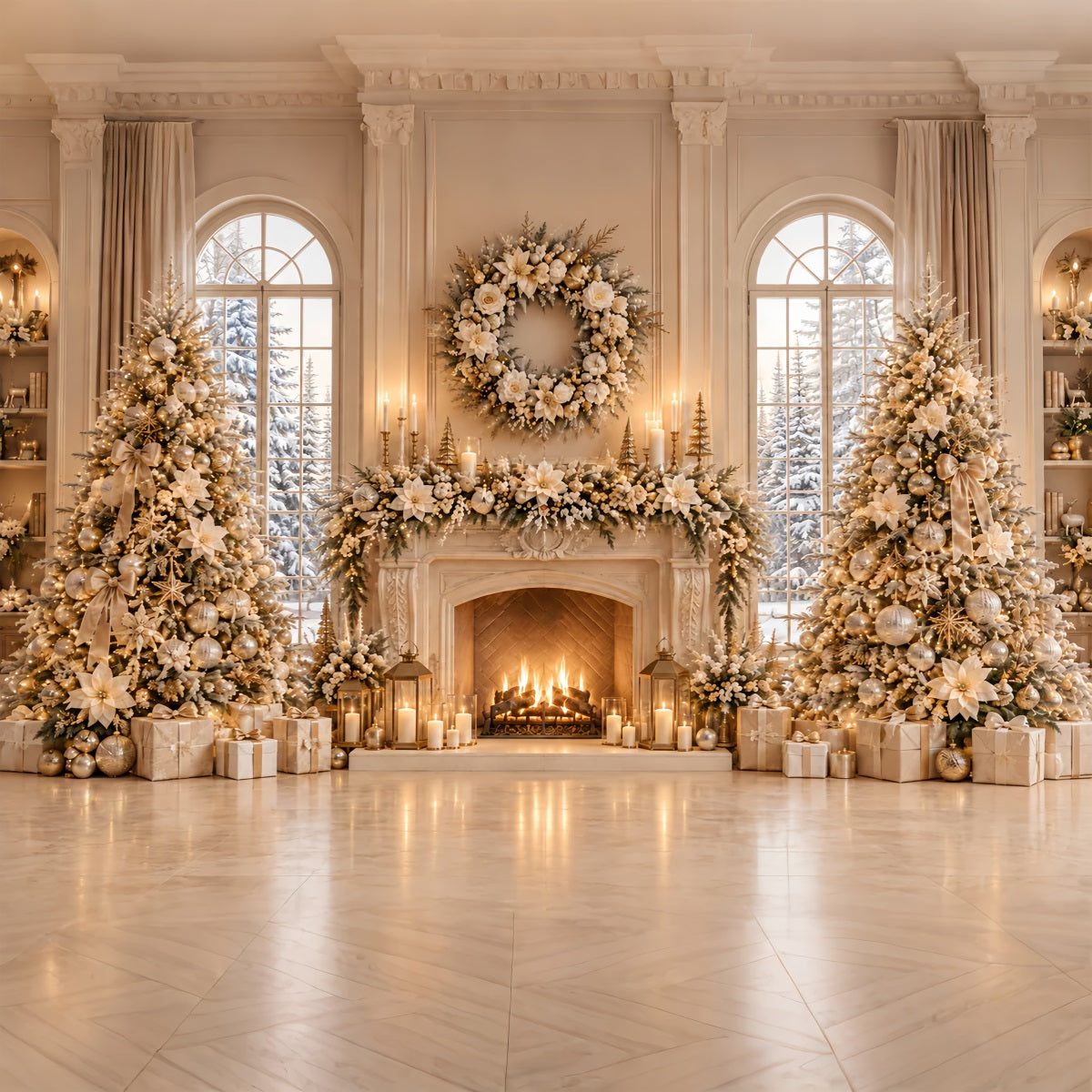 Christmas Picture Backdrop Ivory Floral Fireplace Display Elegant Christmas Backdrop ZTT69-68