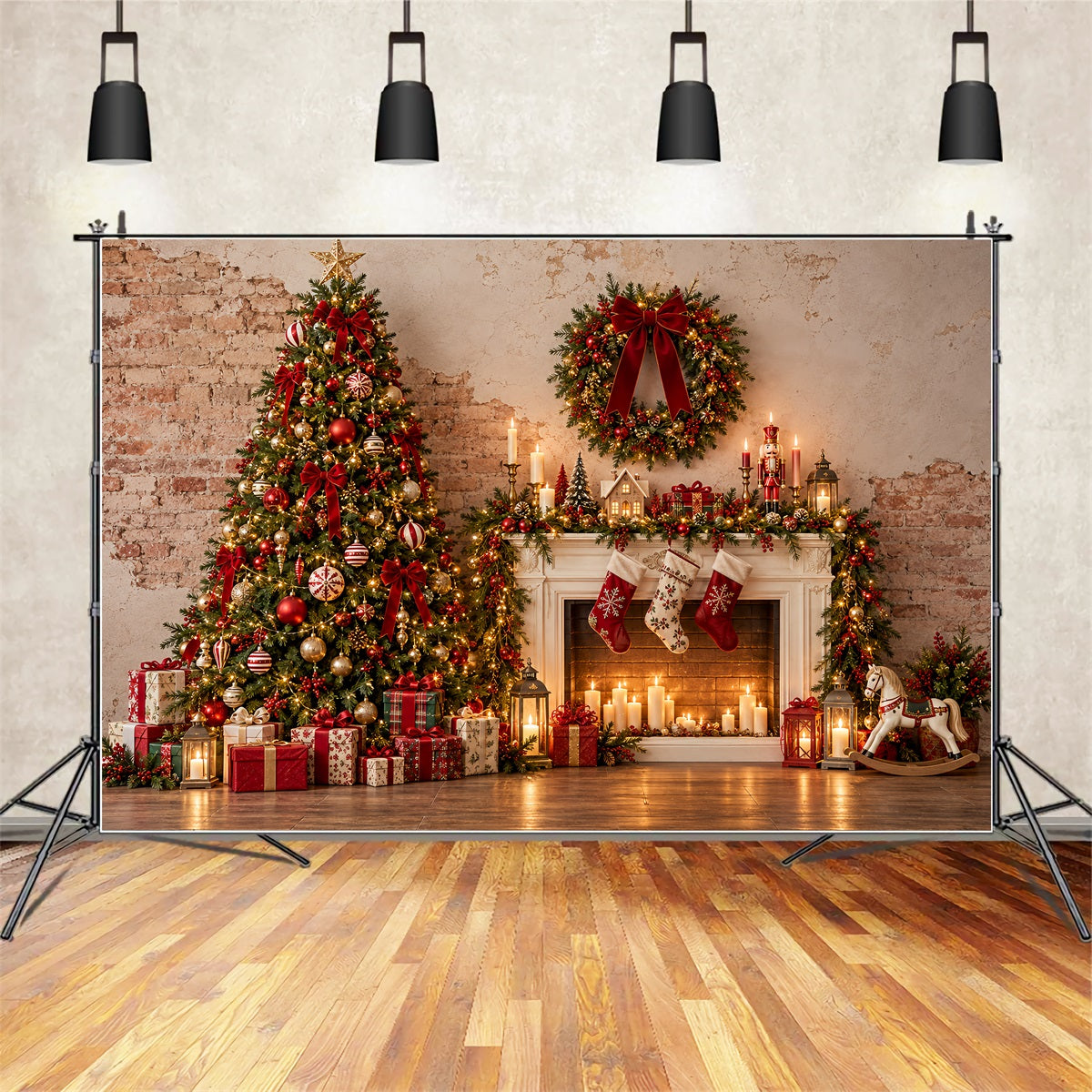 Christmas Photo Booth Backdrop Rustic Fireplace Gift Display Elegant Christmas Backdrop ZTT69-69