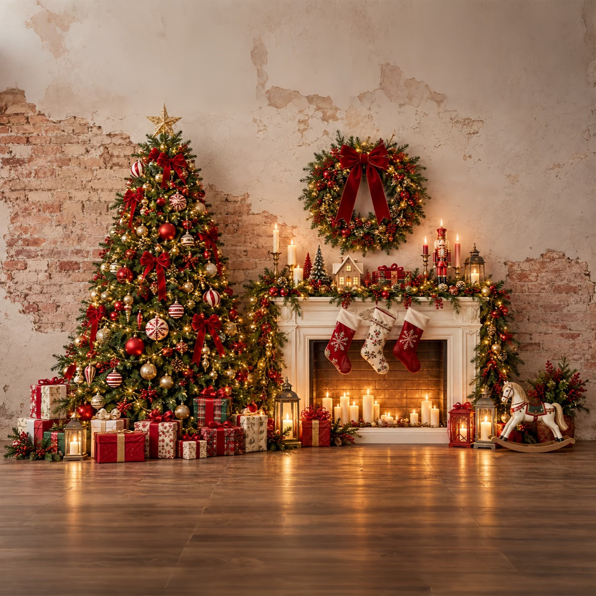 Christmas Photo Booth Backdrop Rustic Fireplace Gift Display Elegant Christmas Backdrop ZTT69-69