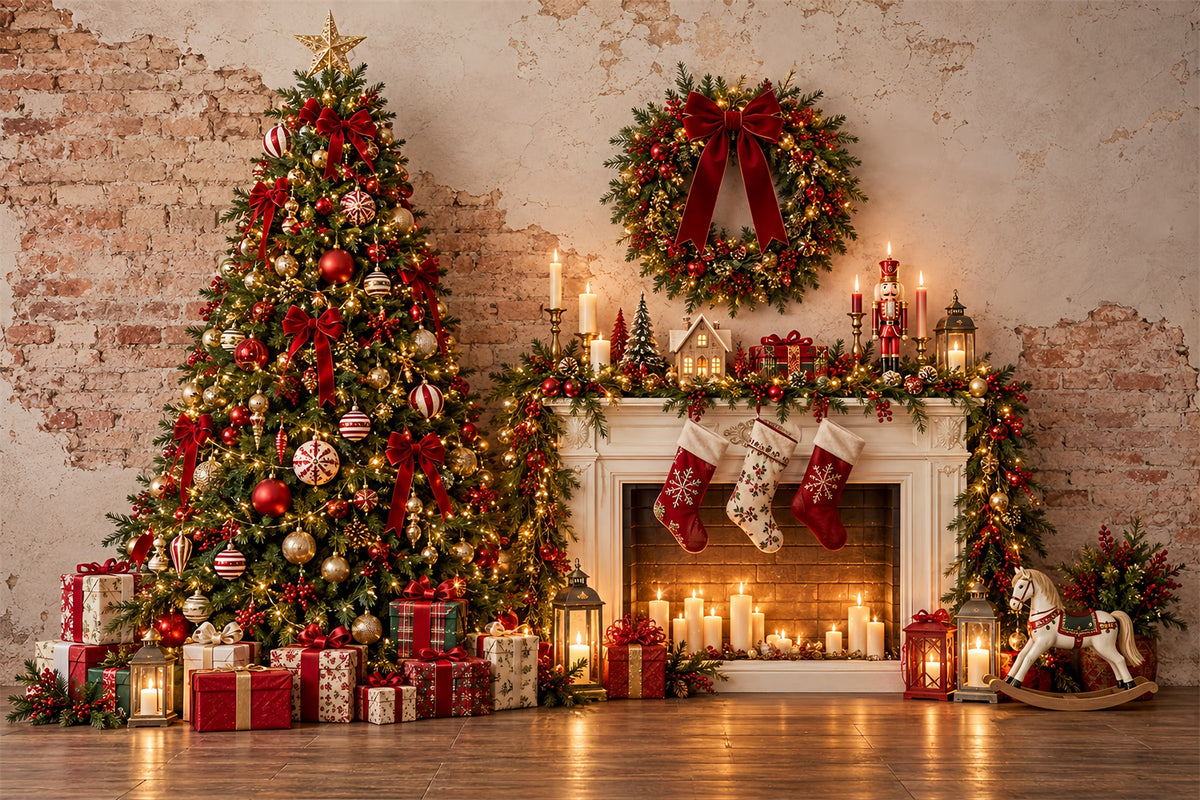 Christmas Photo Booth Backdrop Rustic Fireplace Gift Display Elegant Christmas Backdrop ZTT69-69