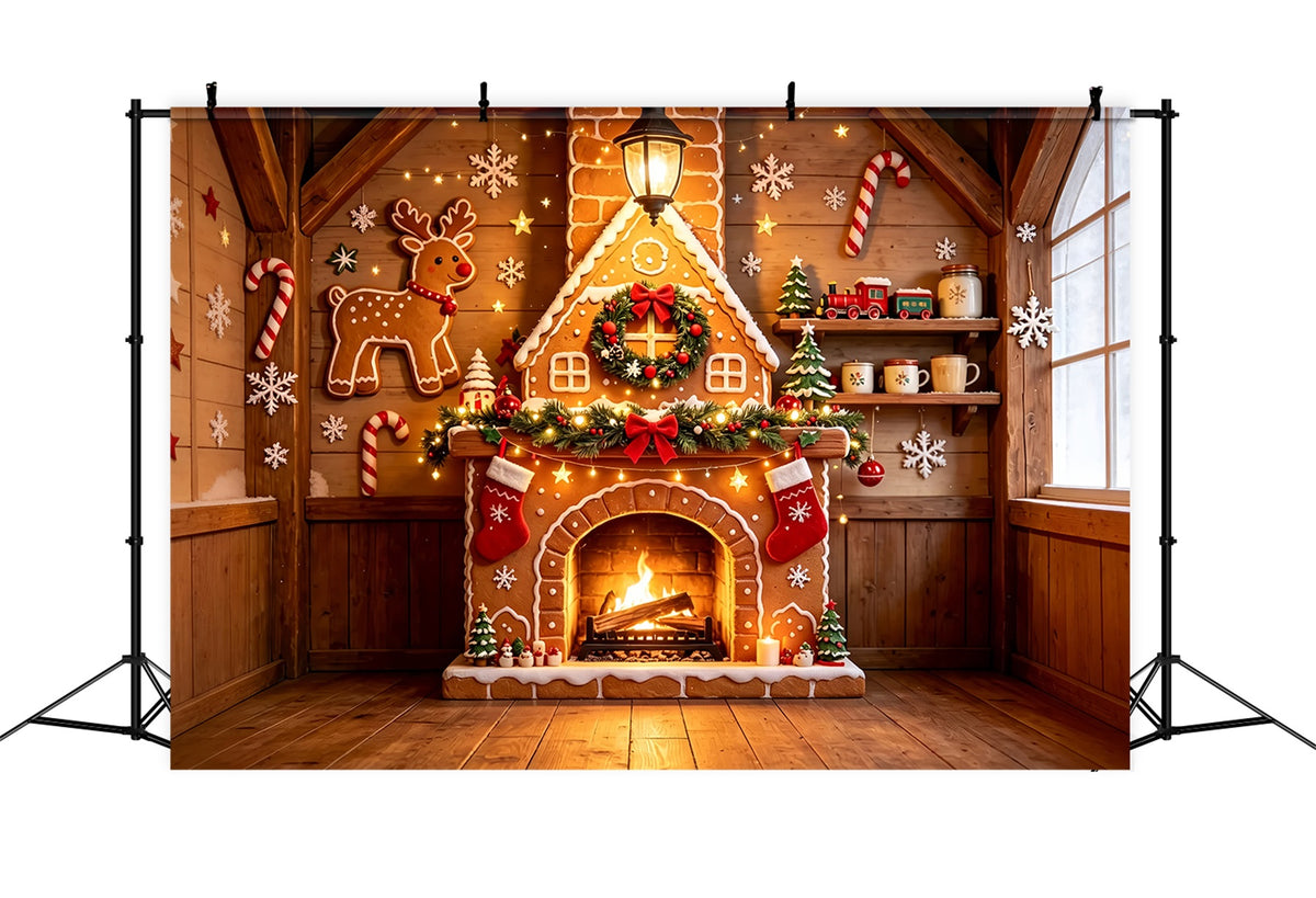 Gingerbread Christmas Backdrop Wooden Cabin Fireplace Cottage Wall Backdrop Christmas ZTT69-7