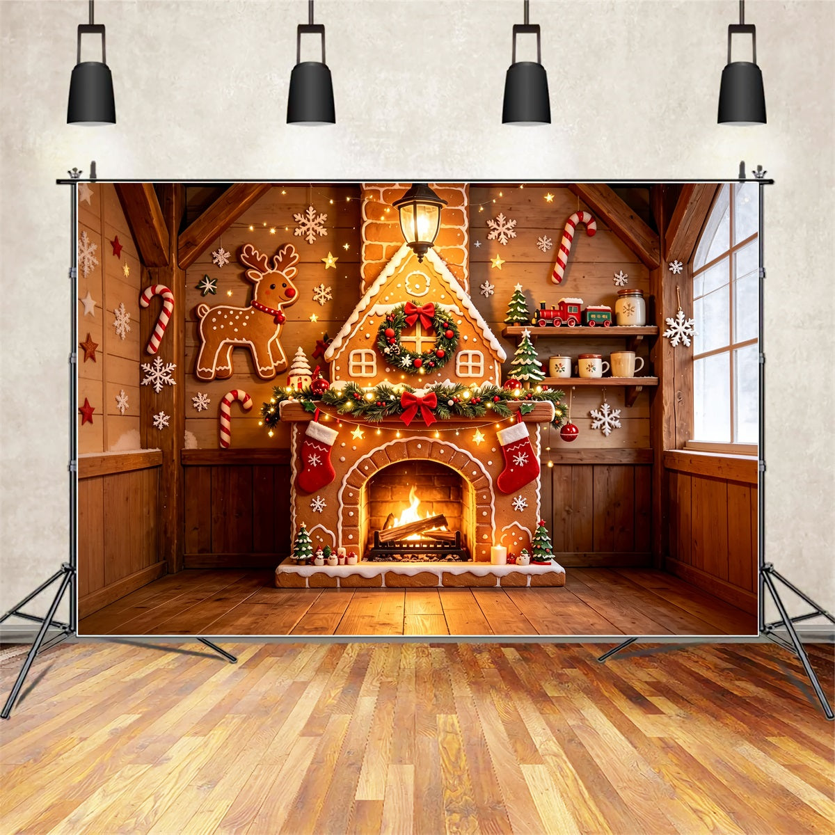 Gingerbread Christmas Backdrop Wooden Cabin Fireplace Cottage Wall Backdrop Christmas ZTT69-7