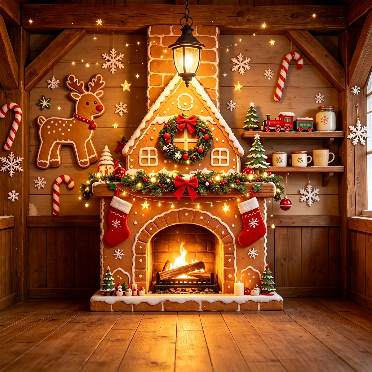 Gingerbread Christmas Backdrop Wooden Cabin Fireplace Cottage Wall Backdrop Christmas ZTT69-7