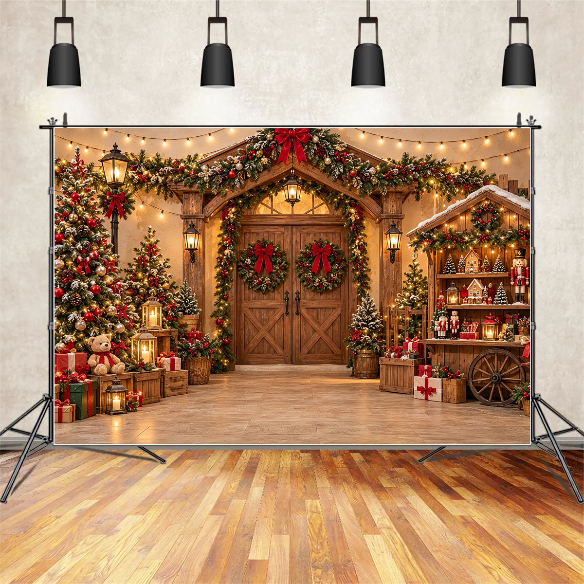 Christmas Photo Booth Backdrop Festive Wooden Market Entrance Christmas Party Backdrop ZTT69-70