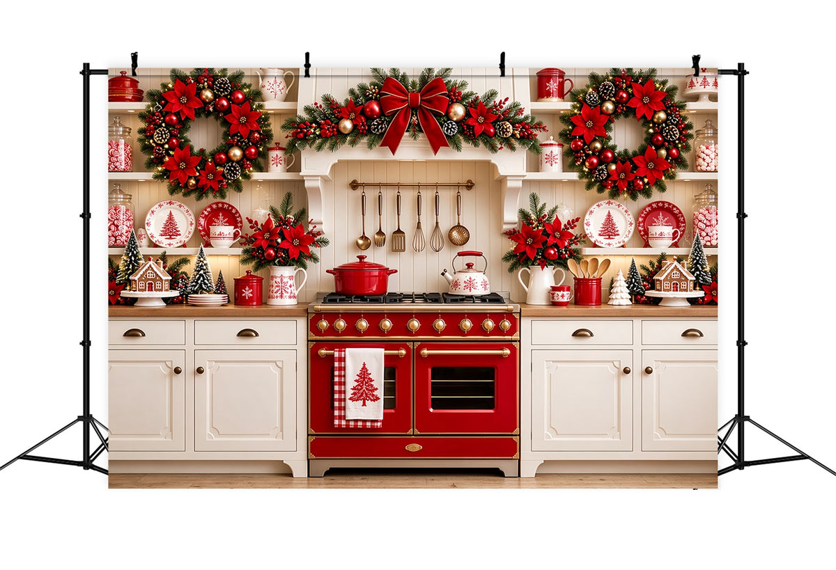 Christmas Kitchen Photo Backdrop Red Poinsettia Kitchen Display Christmas Window Backdrop ZTT69-77