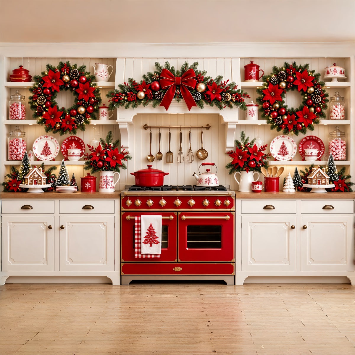 Christmas Kitchen Photo Backdrop Red Poinsettia Kitchen Display Christmas Window Backdrop ZTT69-77