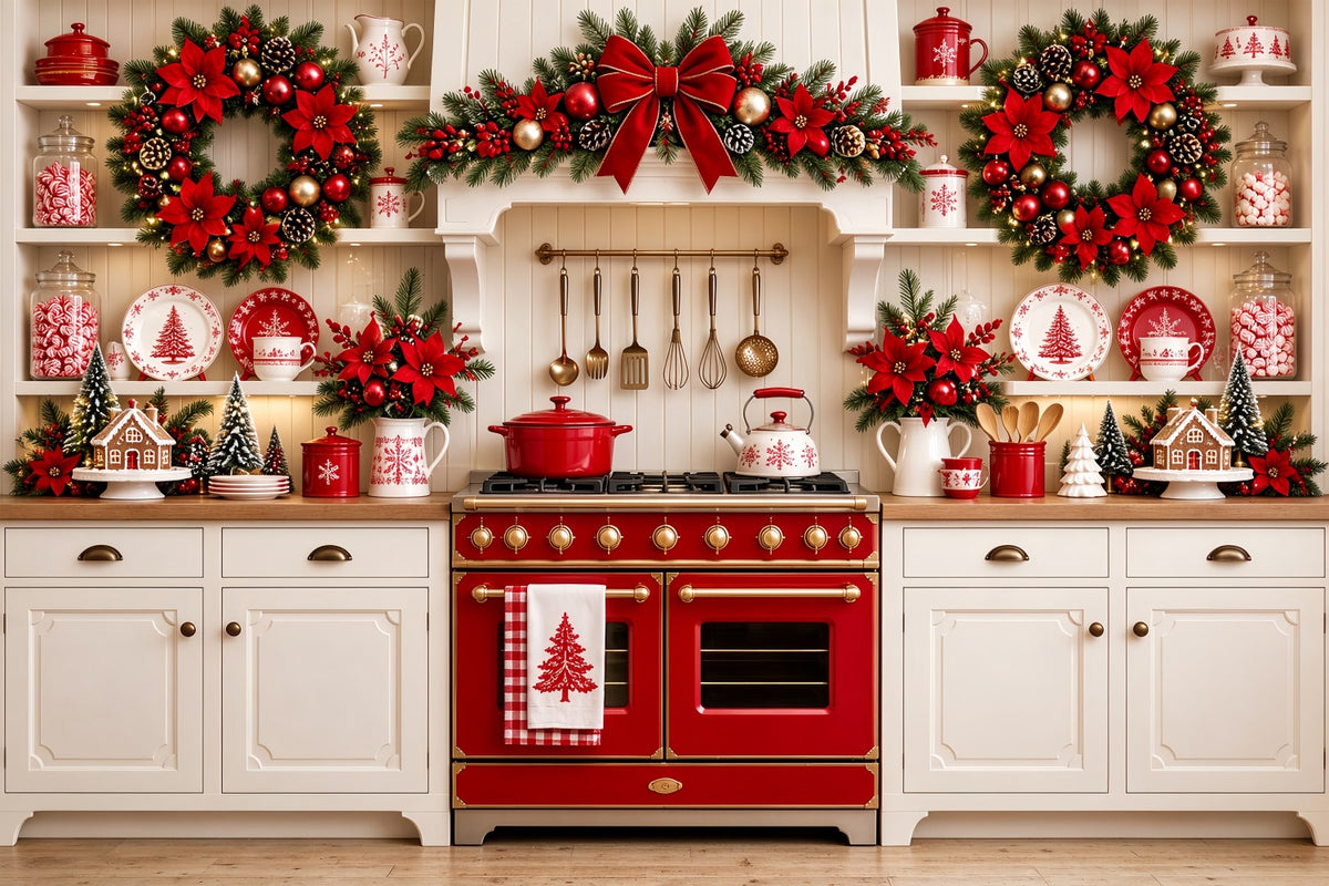 Christmas Kitchen Photo Backdrop Red Poinsettia Kitchen Display Christmas Window Backdrop ZTT69-77