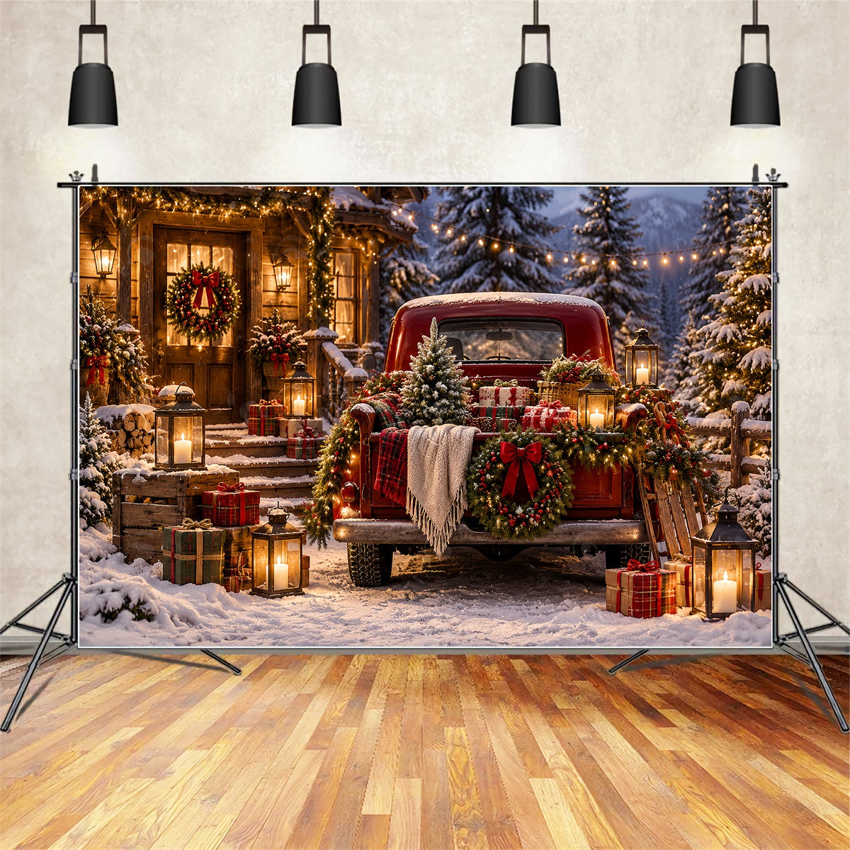 Vintage Christmas Backdrop Rustic Pickup Gift Display Red Christmas Backdrop ZTT69-78