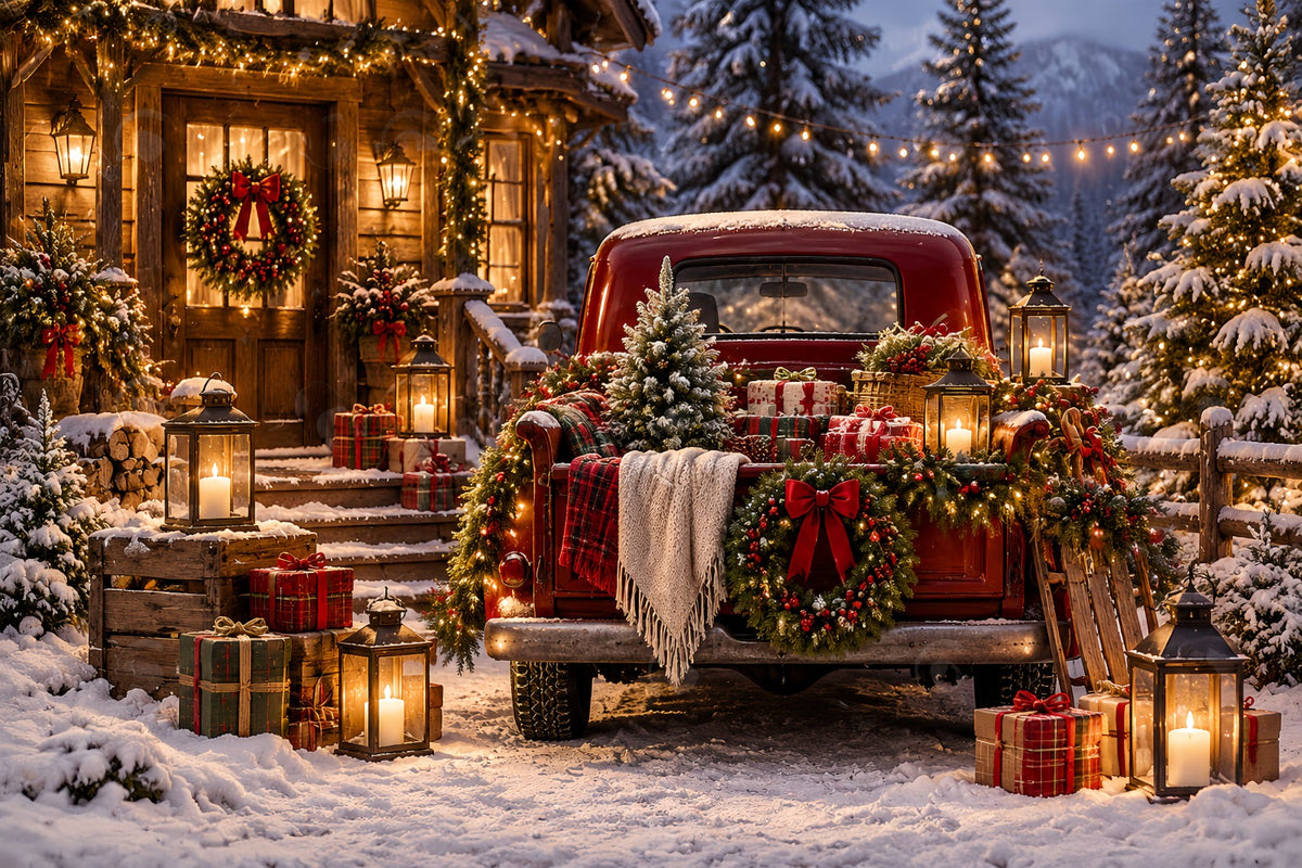 Vintage Christmas Backdrop Rustic Pickup Gift Display Red Christmas Backdrop ZTT69-78