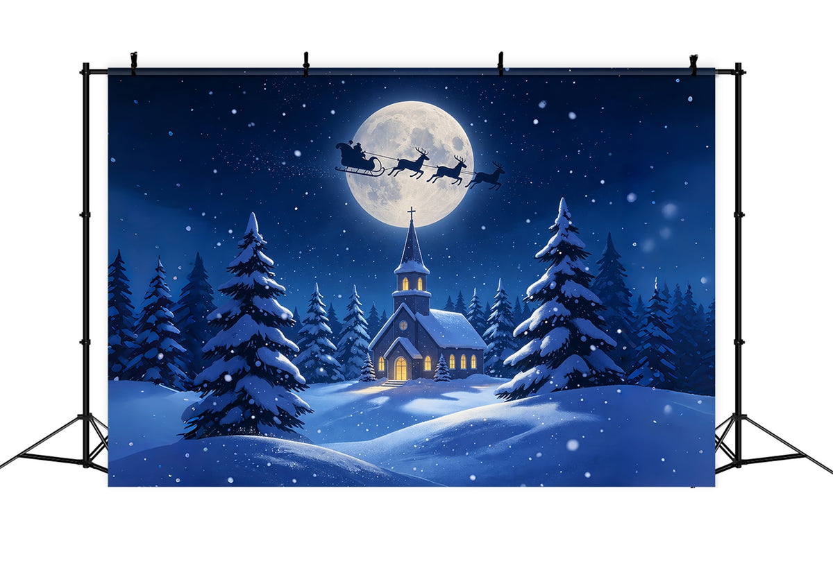 Christmas Night Backdrop Moonlit Church Snow Forest Muslin Christmas Backdrop ZTT69-8
