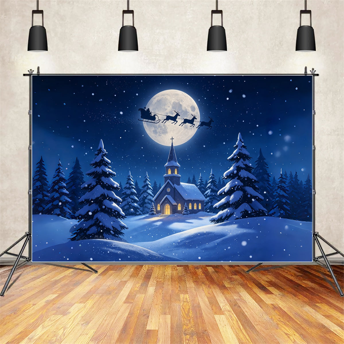 Christmas Night Backdrop Moonlit Church Snow Forest Muslin Christmas Backdrop ZTT69-8