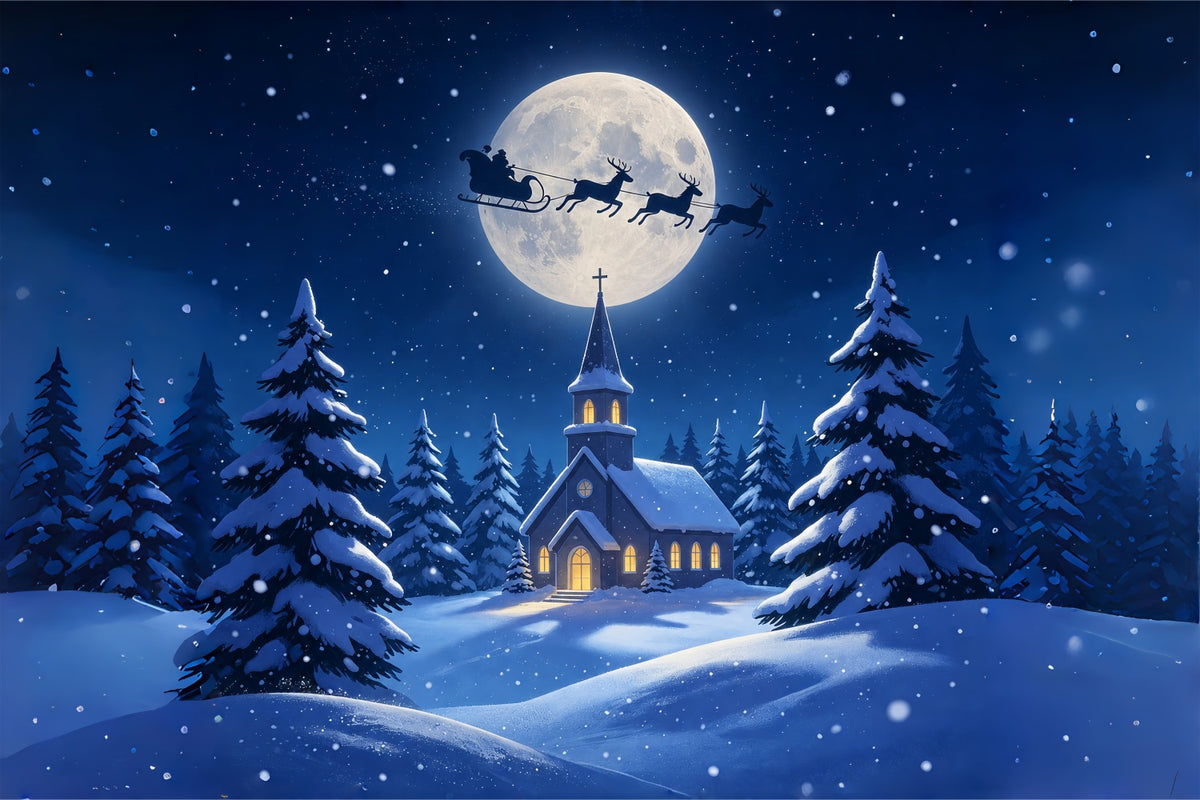 Christmas Night Backdrop Moonlit Church Snow Forest Muslin Christmas Backdrop ZTT69-8