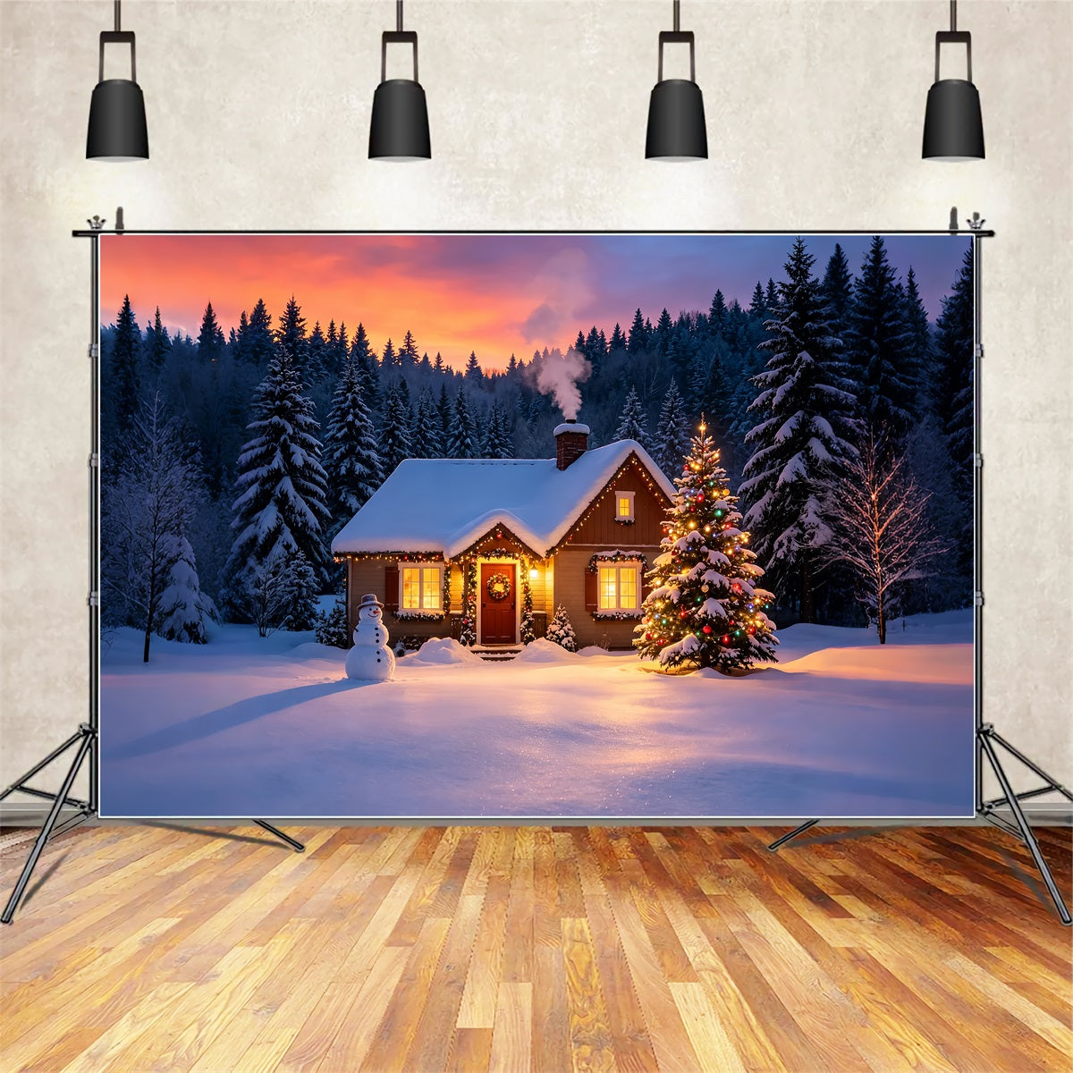 Snowy Christmas Backdrop Winter Cabin Sunset Glow Muslin Backdrop Christmas ZTT69-9