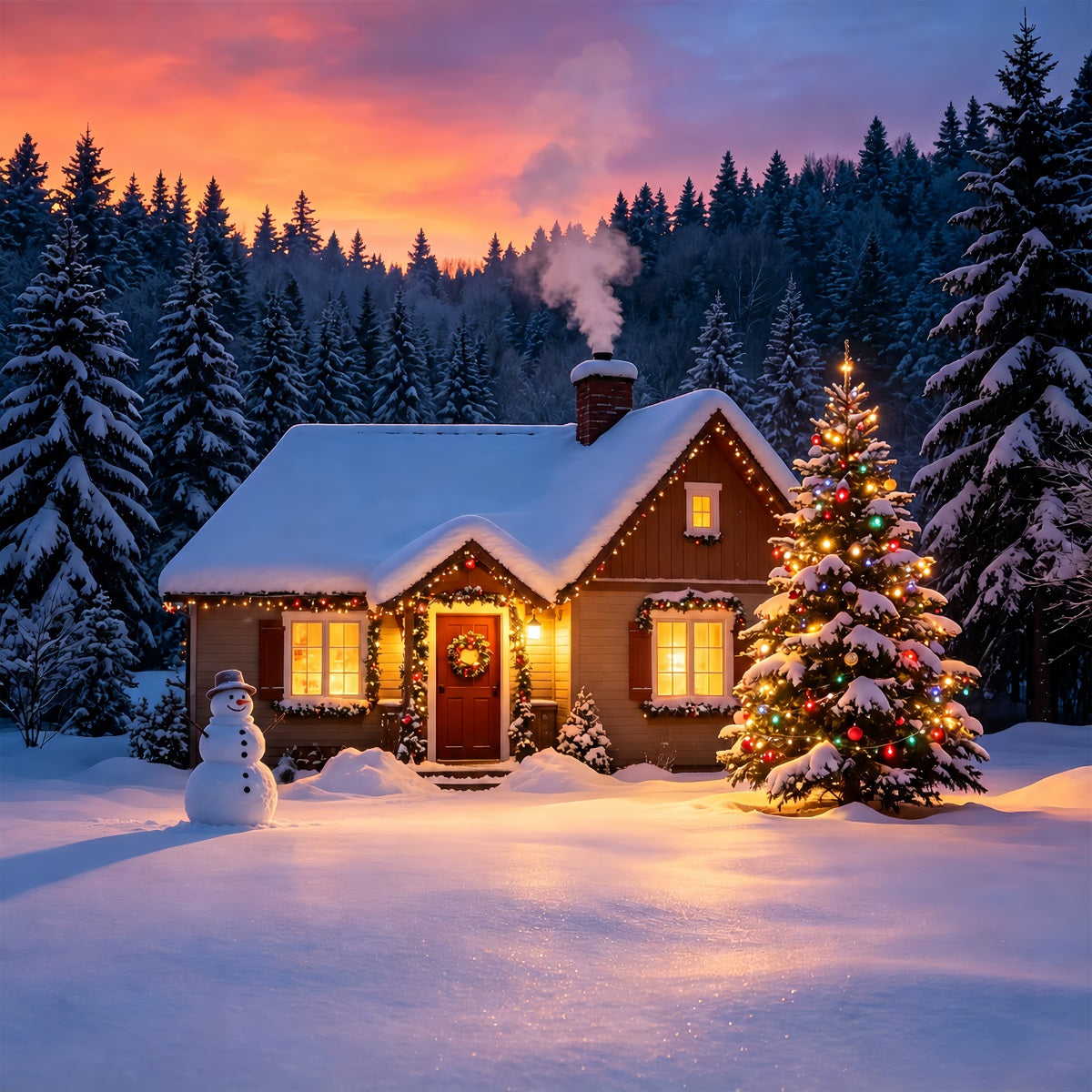 Snowy Christmas Backdrop Winter Cabin Sunset Glow Muslin Backdrop Christmas ZTT69-9