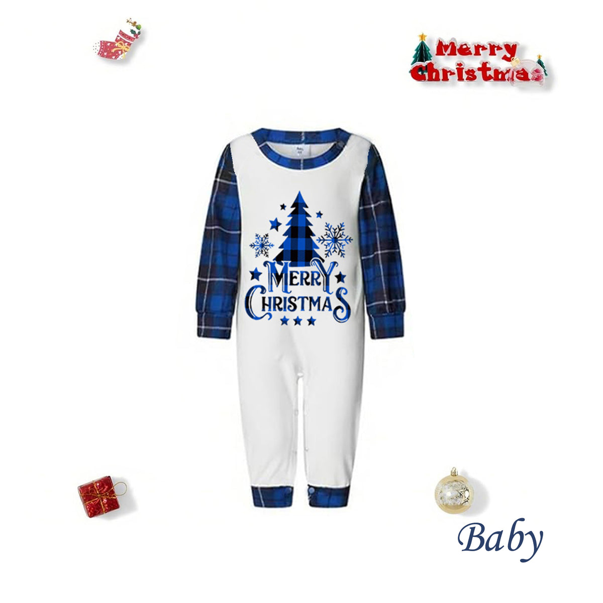 Matching Christmas Pajamas for Photos Blue Plaid Tree Print Christmas Long Sleeve Pajamas CHP-100