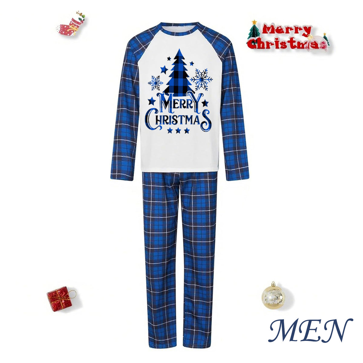 Matching Christmas Pajamas for Photos Blue Plaid Tree Print Christmas Long Sleeve Pajamas CHP-100