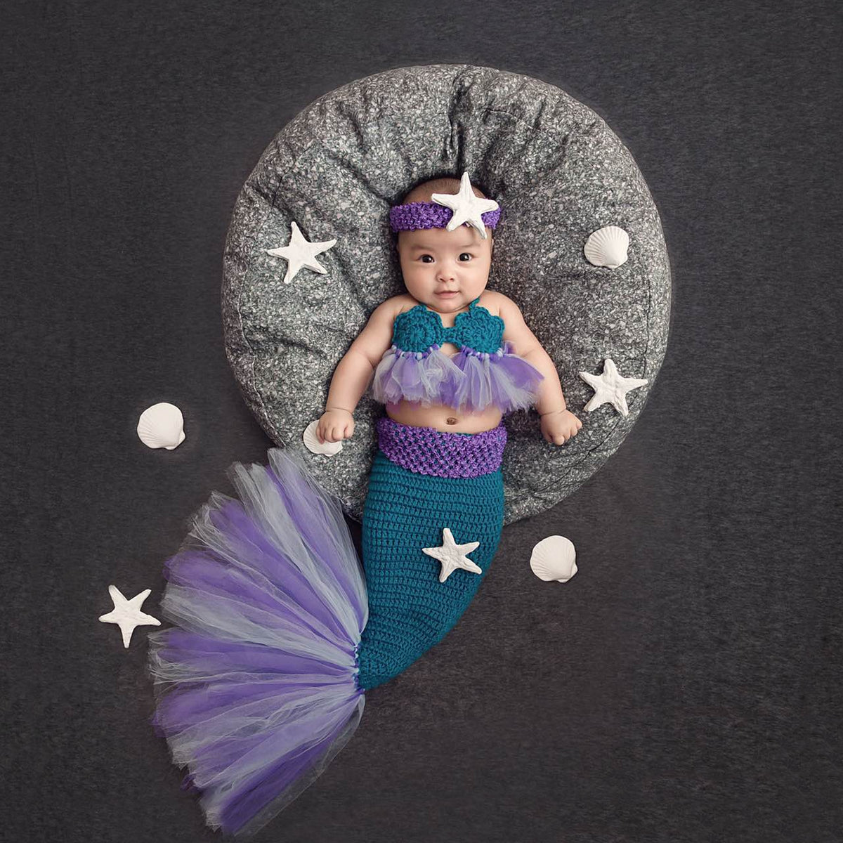 infant mermaid dress Newborn Baby Girl Costume Knitted Photography Props Headband Bra Tail Color:LT LAVENDER Long Mermaid Strapless Lace Choose crown or headband Faviana