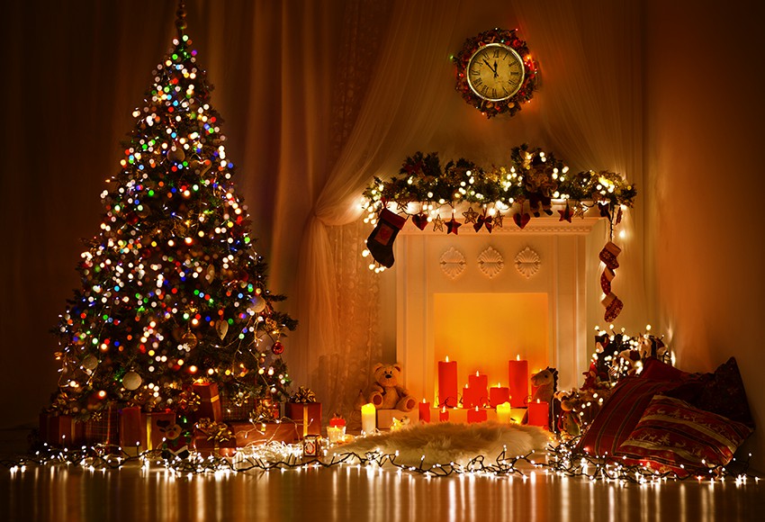 Christmas Lights Tree Fireplace Photo Backdrop M12